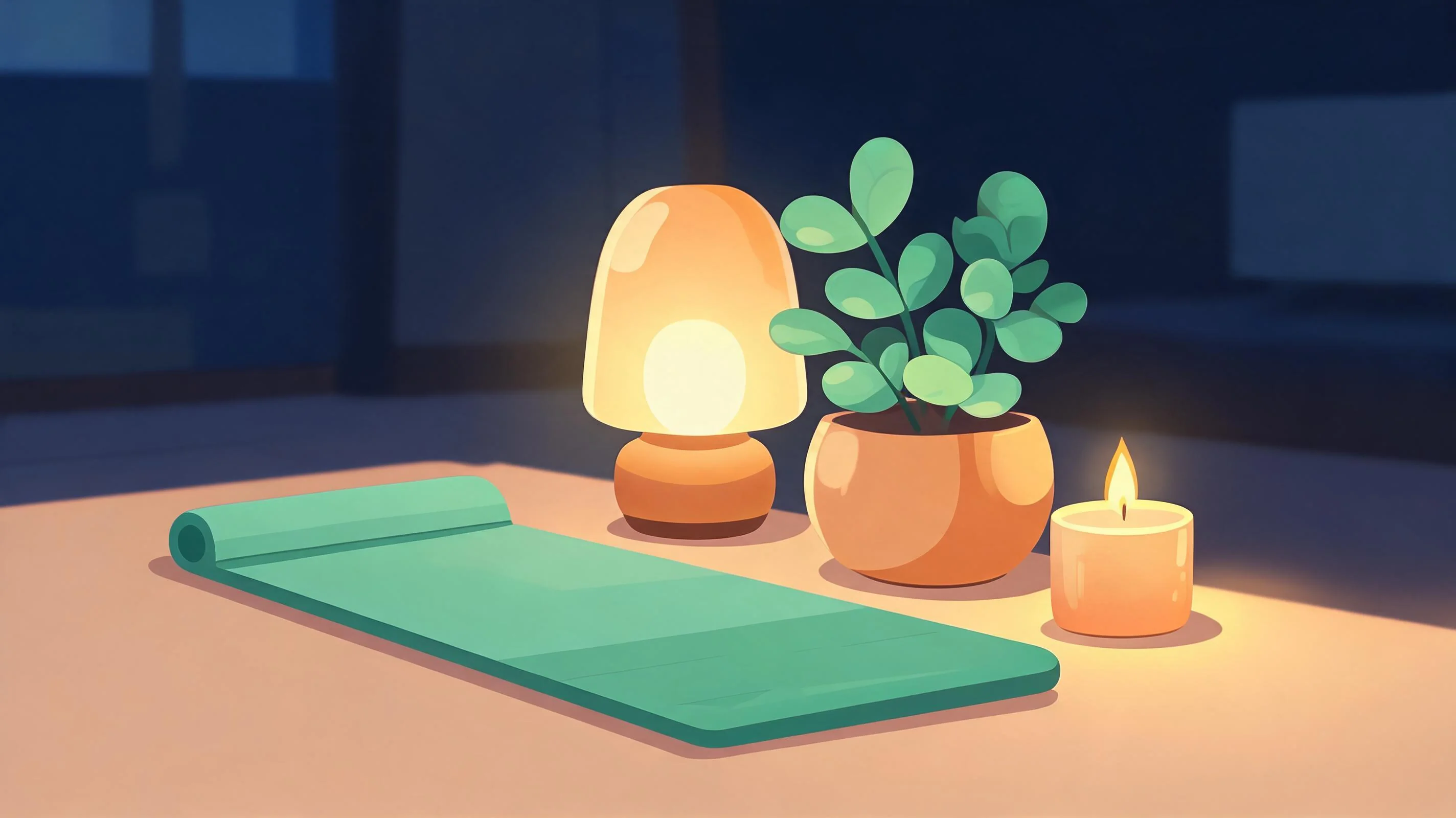 An inviting evening yoga corner lit by a warm lamp with a plant and candle