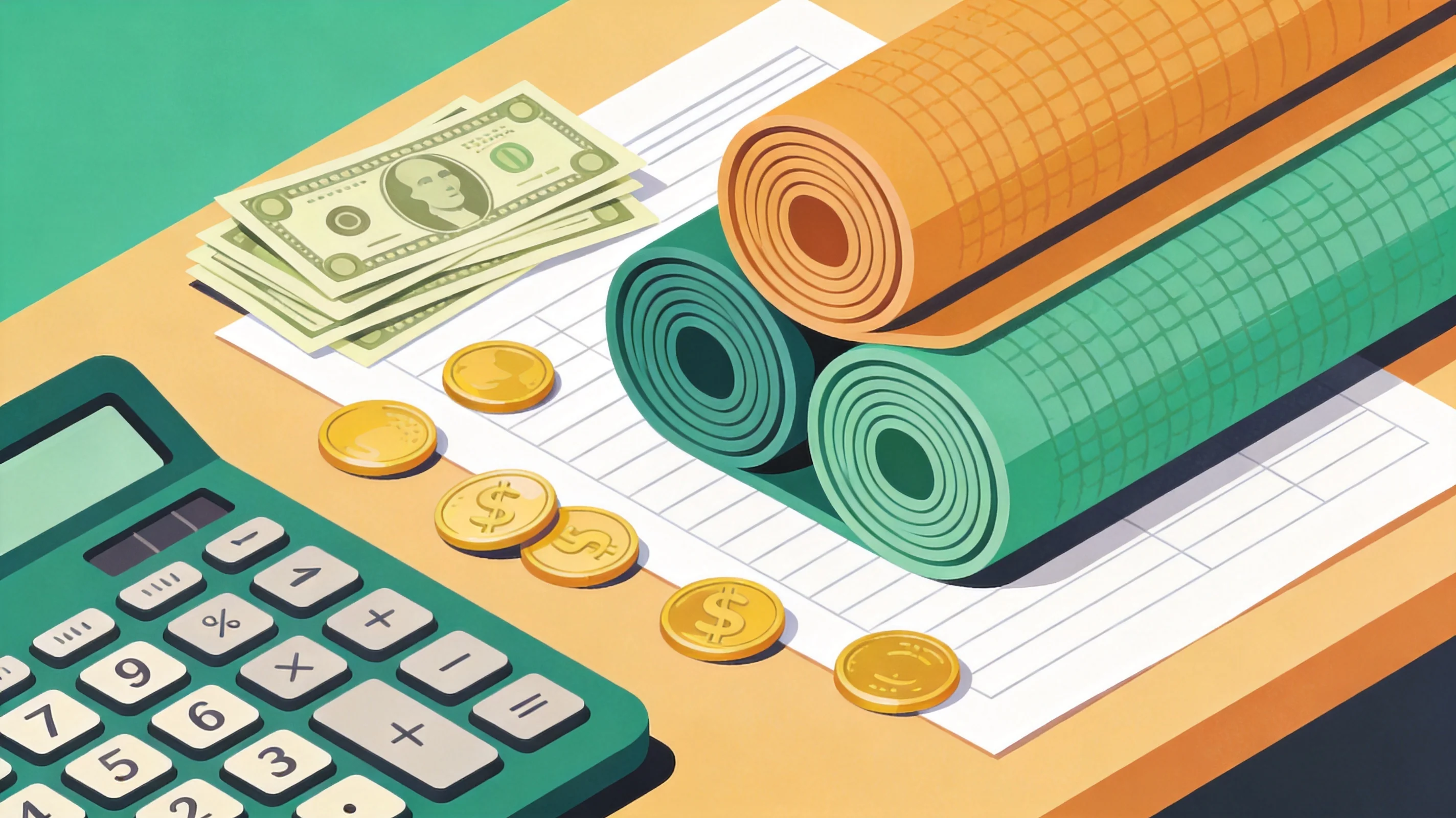 Cartoonillustration eines Taschenrechners, Preisschilder und Stapel gerollter Yogamatten auf einem Budget-Arbeitsblatt