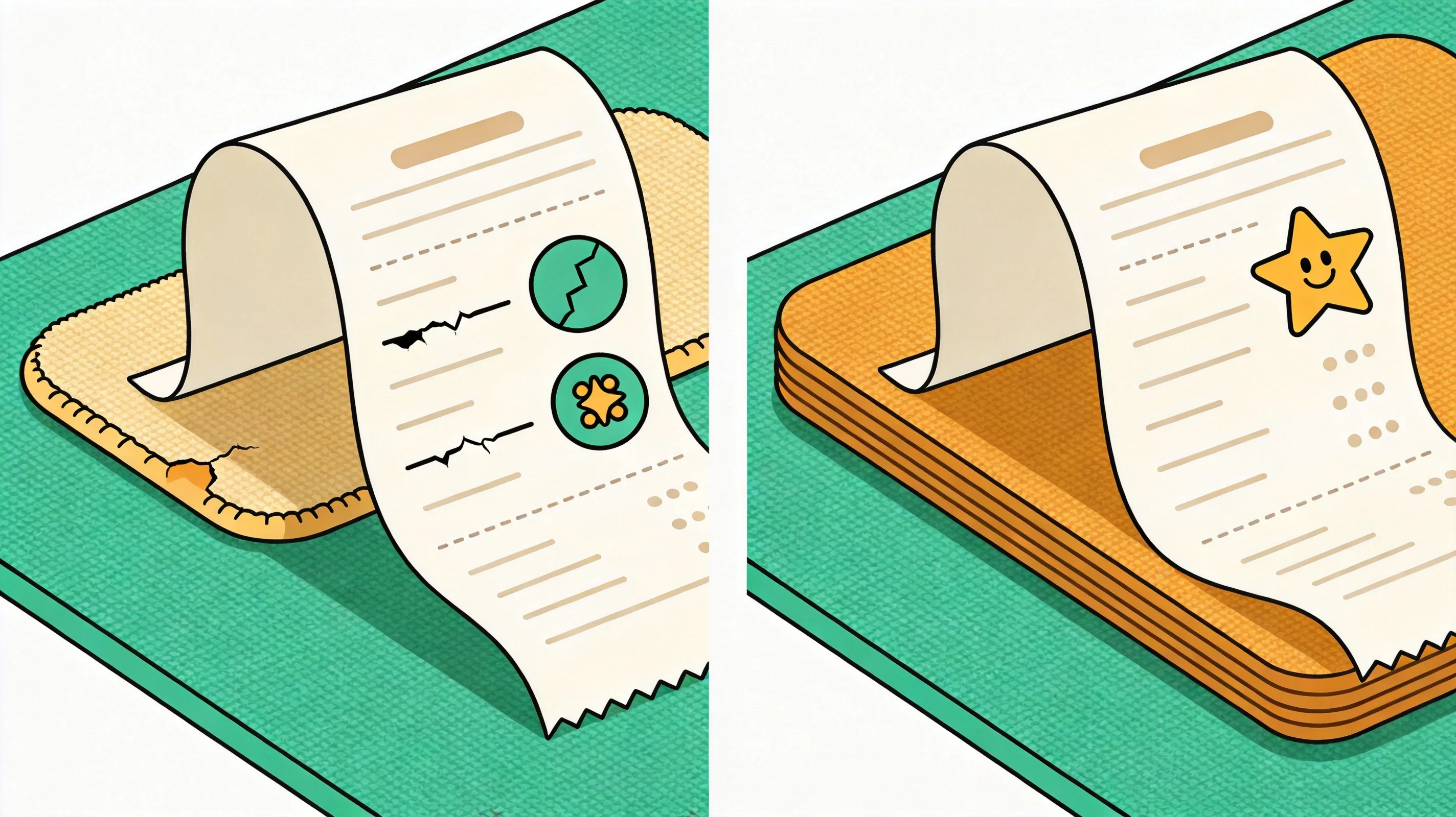 Cartoon illustration comparing two receipts, one short stack of worn thin mats replaced twice and one sturdy mat kept for years