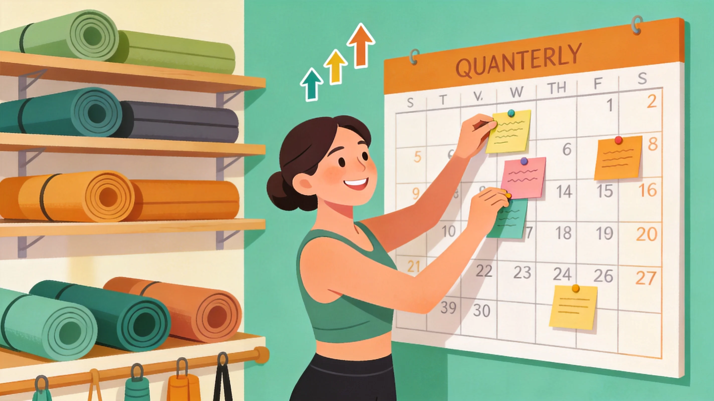 Cartoon illustration of a studio owner planning purchases across a wall calendar with quarterly milestones