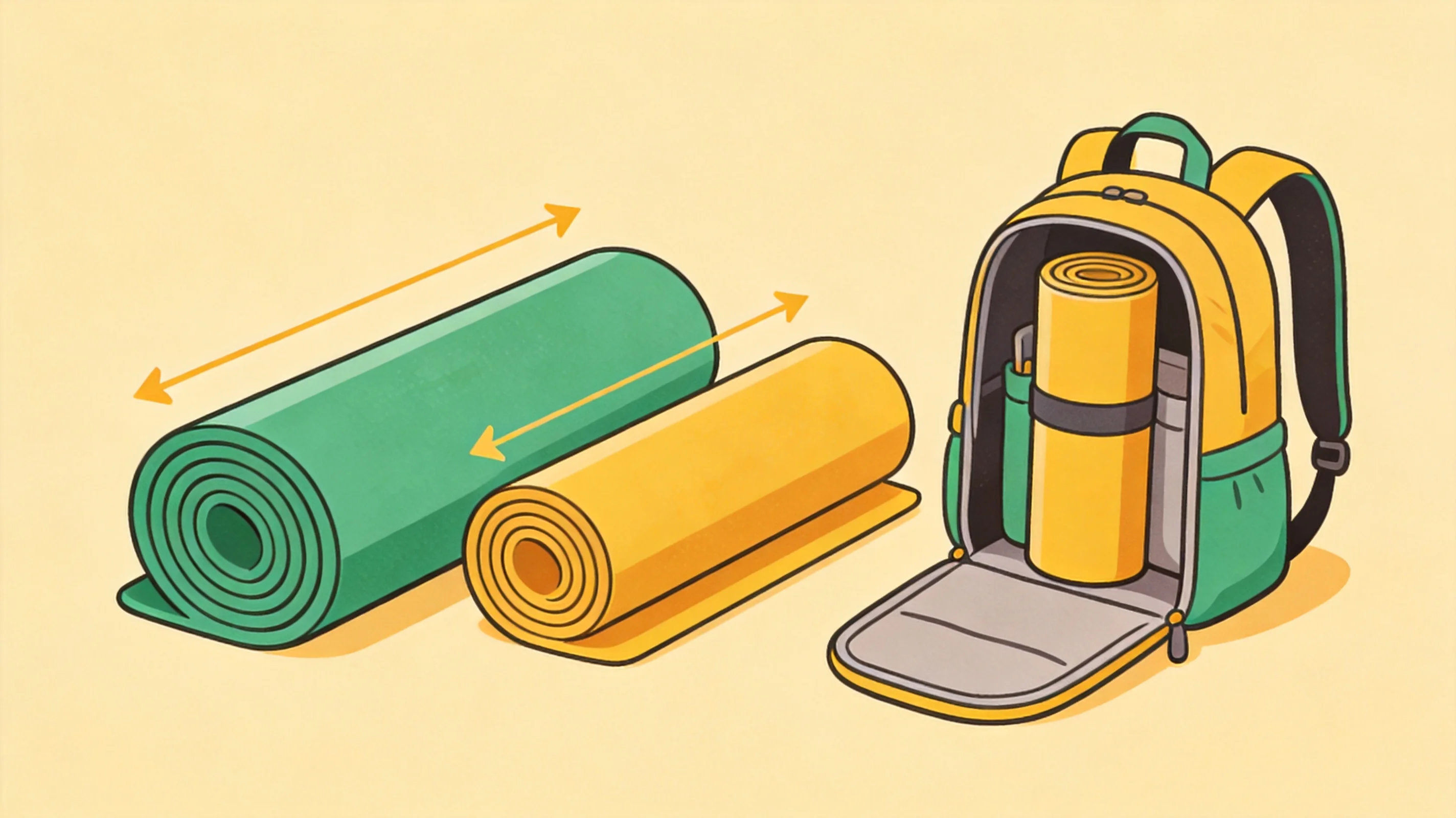 Una esterilla de yoga de viaje fina y enrollada sujeta a una mochila junto a la ventanilla de un avión