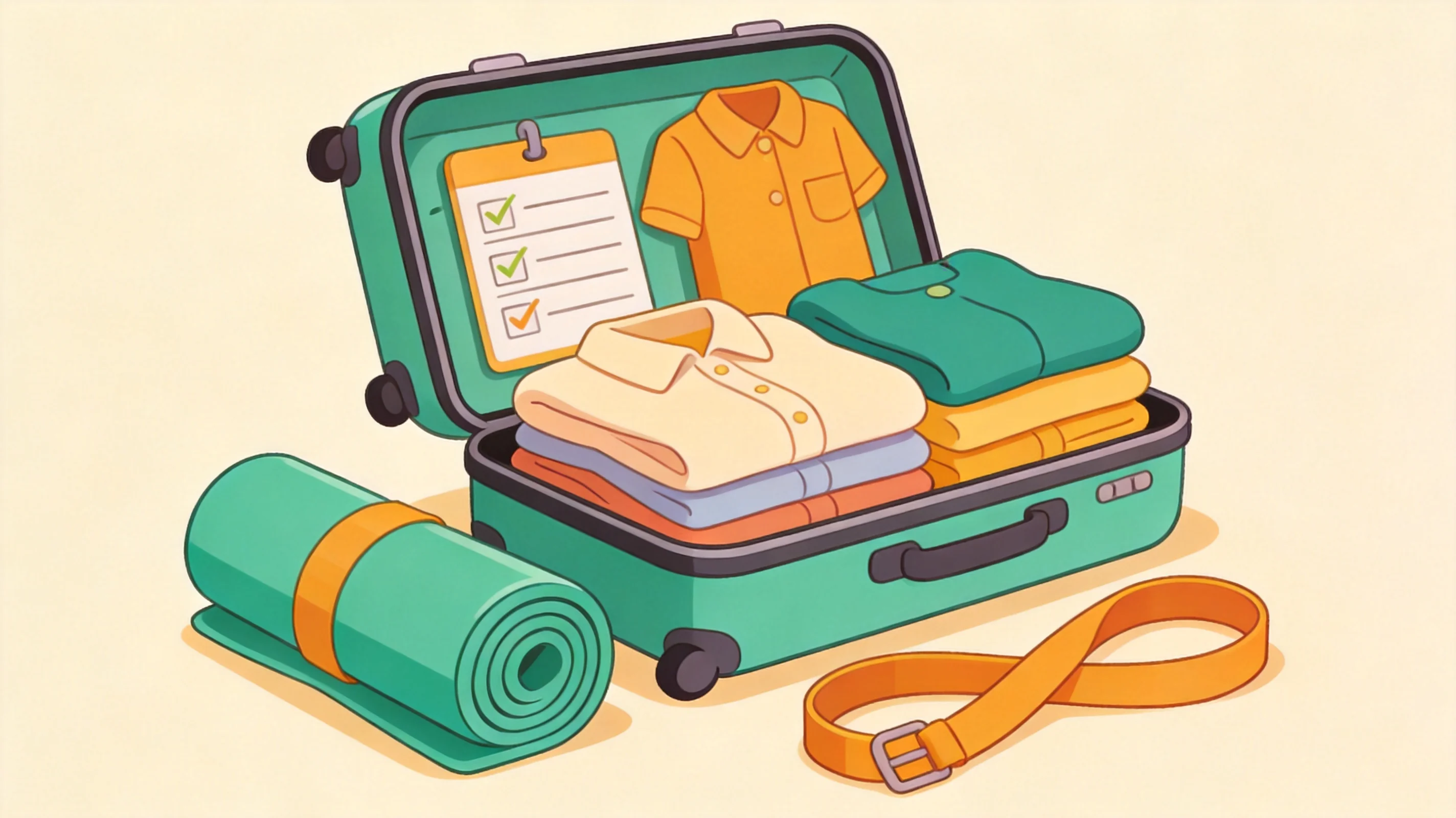 Une valise ouverte avec des vêtements bien pliés à côté d'un tapis de voyage compact plié et sa sangle