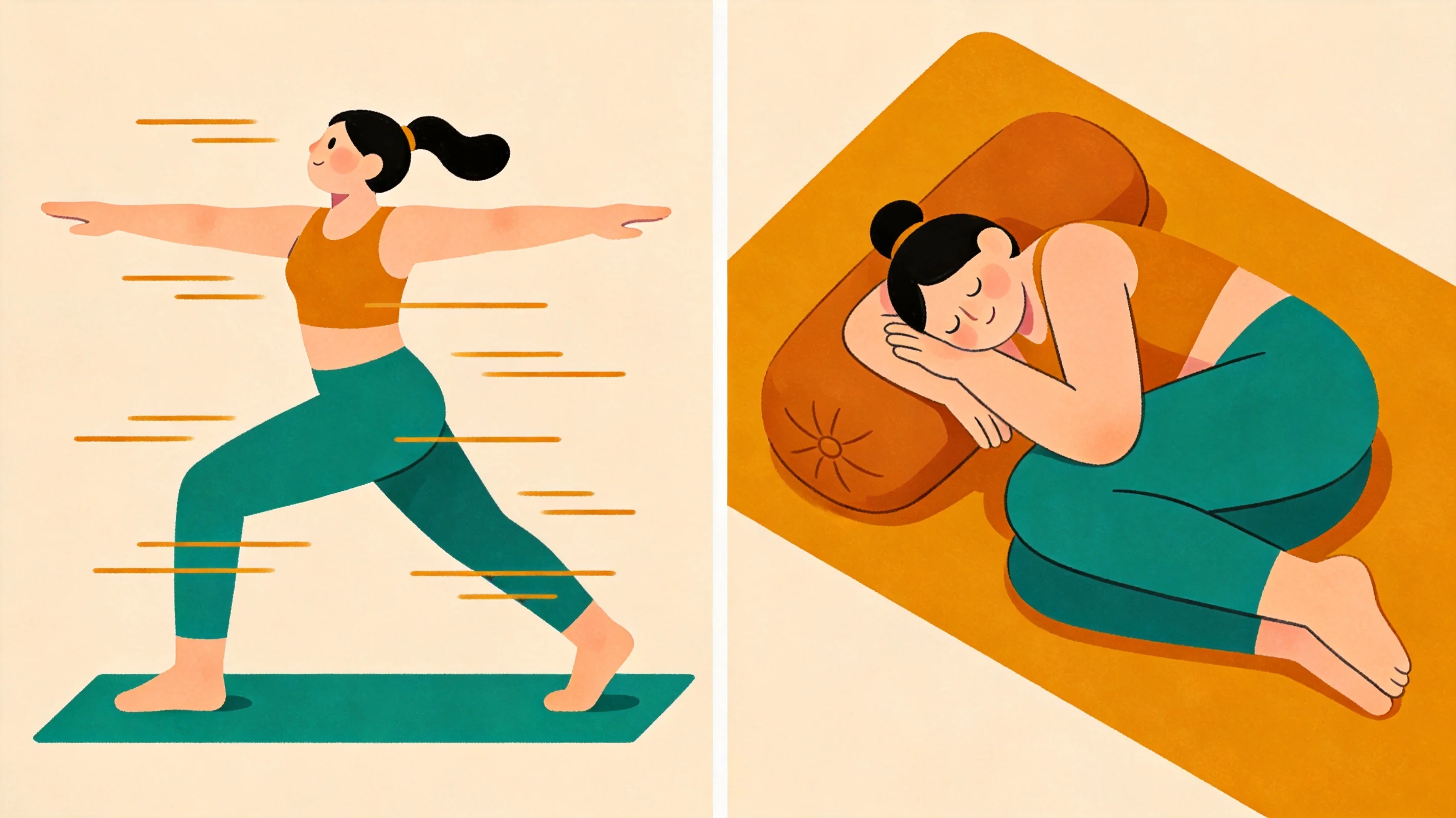 Scène partagée entre un yoga fluide et dynamique à gauche et une posture longue et profonde à droite