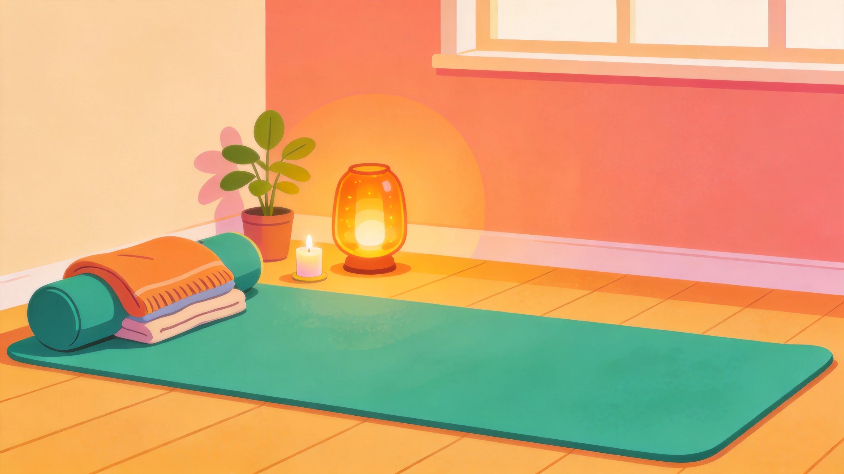 Home practice space with a large mat set up for both flowing sequences and supported floor poses