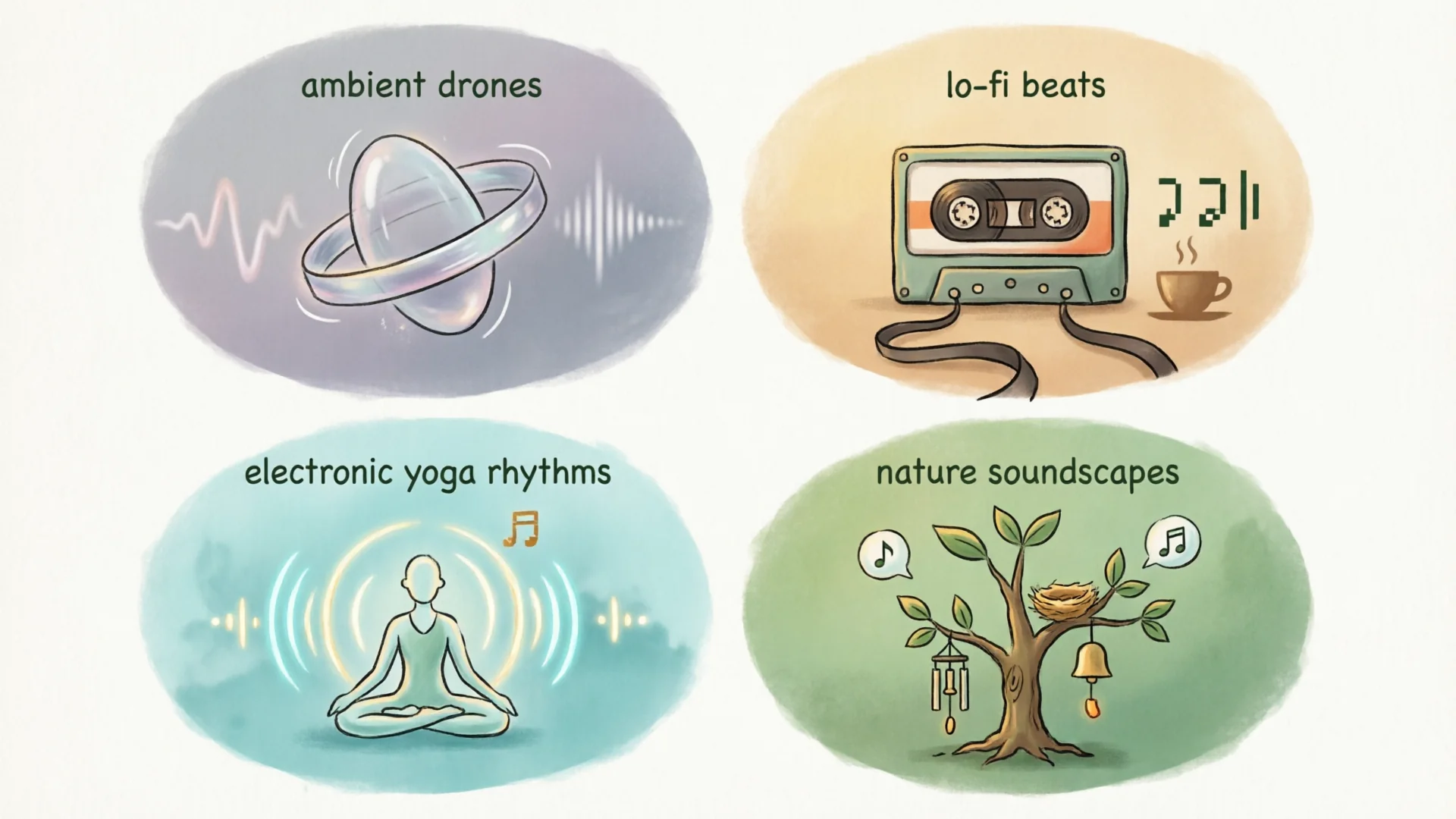 Four genre mood boards showing ambient, lo-fi, electronic yoga beats, and nature soundscapes