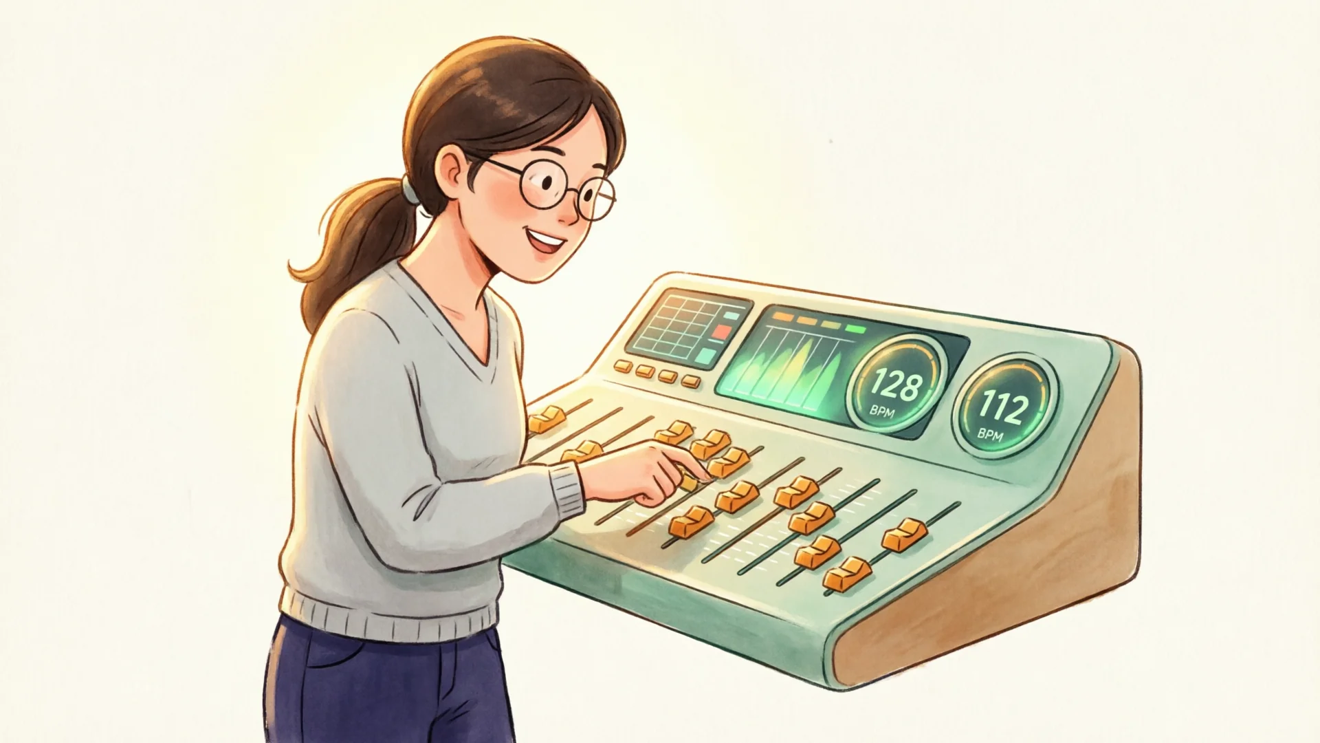 Prof au mixeur avec faders de volume et affichages BPM