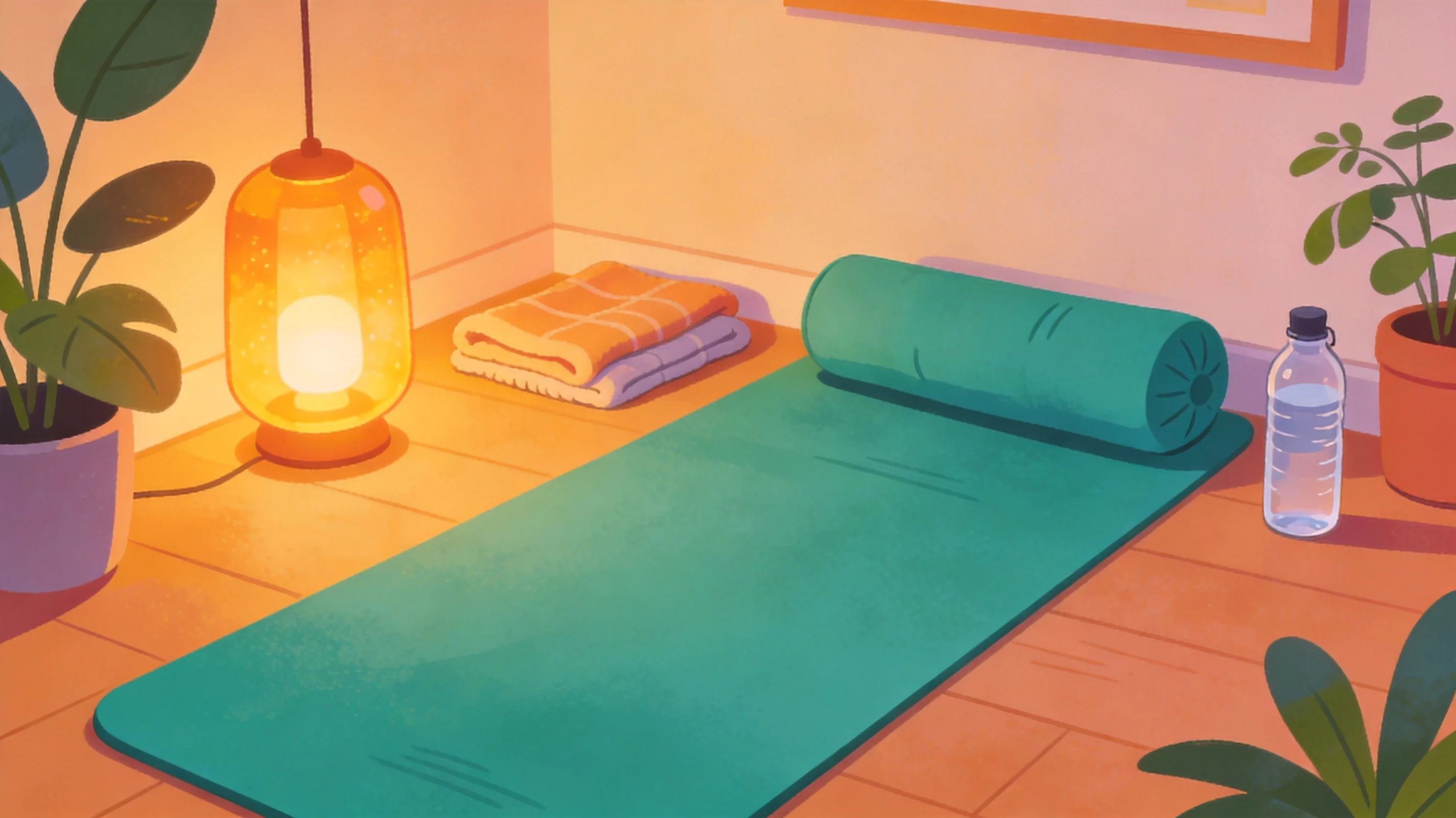 Un rincón acogedor de yoga prenatal en casa con esterilla grande, bolster y botella de agua