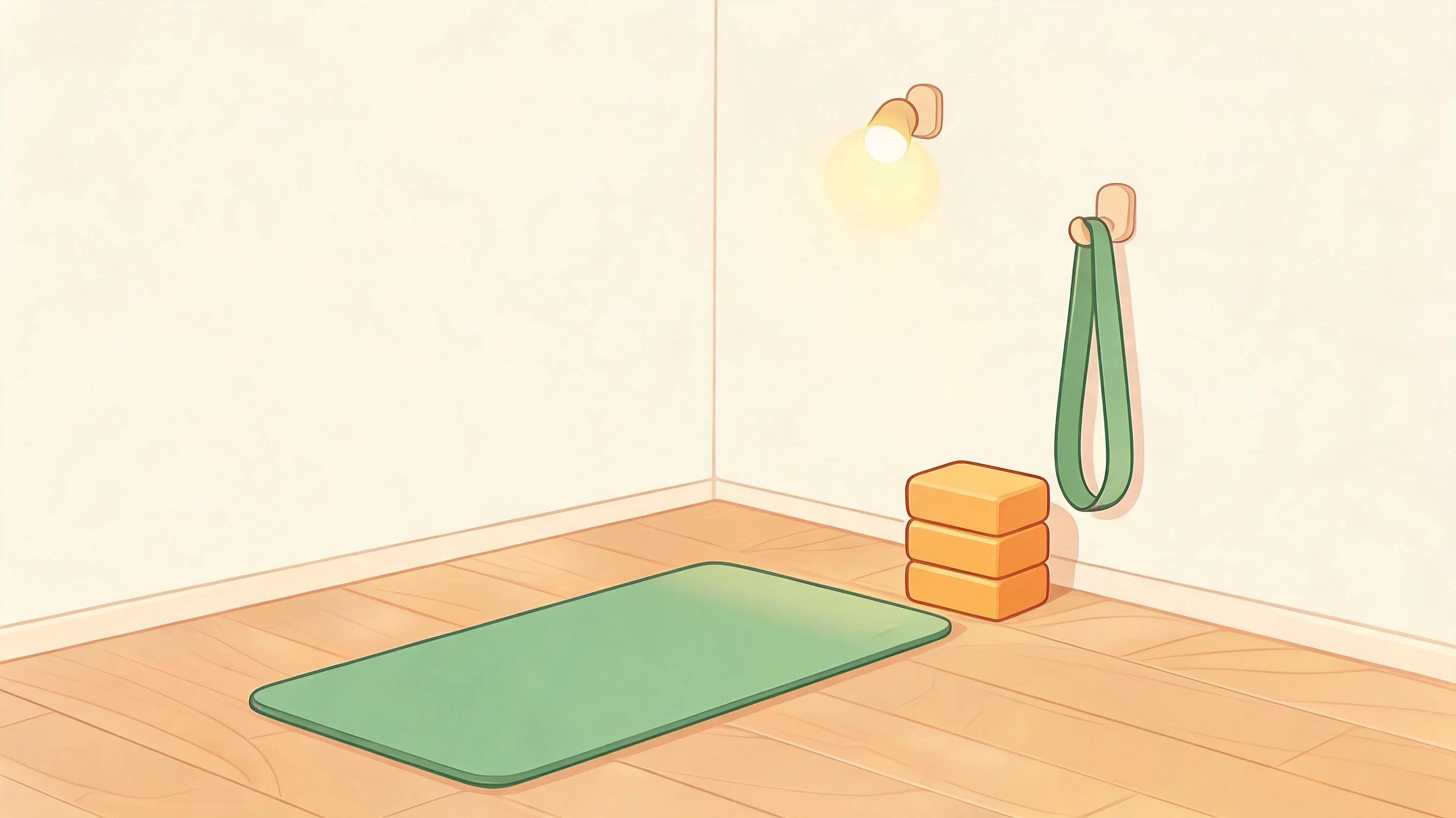 A ready-to-use home yoga corner: unrolled mat, stacked blocks and hanging strap