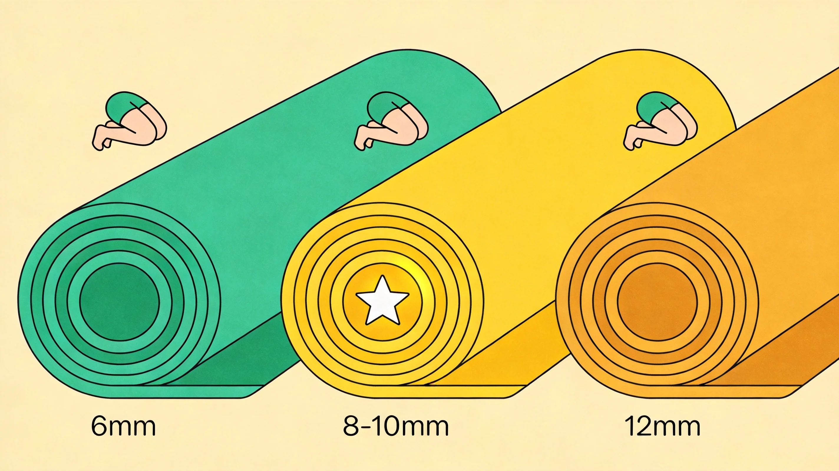 Un gráfico comparativo de grosores de esterilla de 6mm a 12mm con iconos de rodillas