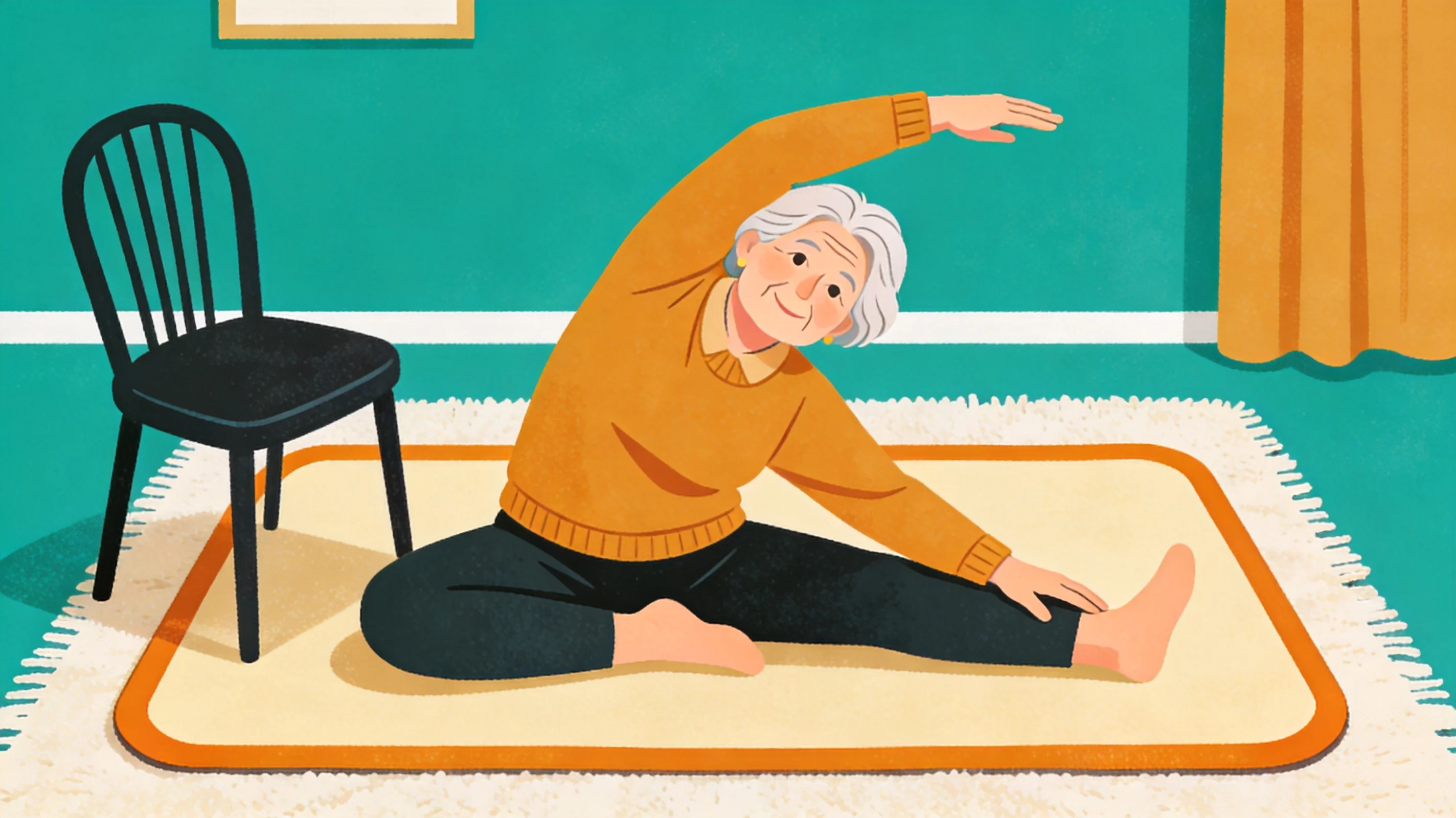 Un adulte âgé faisant des étirements latéraux doux sur un grand tapis d'exercice près d'une chaise solide