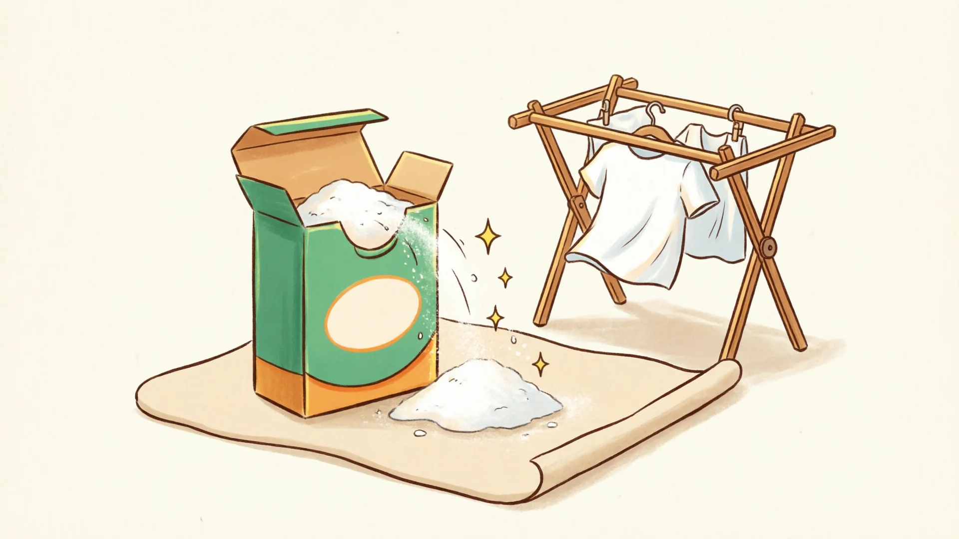 Baking soda being sprinkled on a laid-out mat beside a drying rack