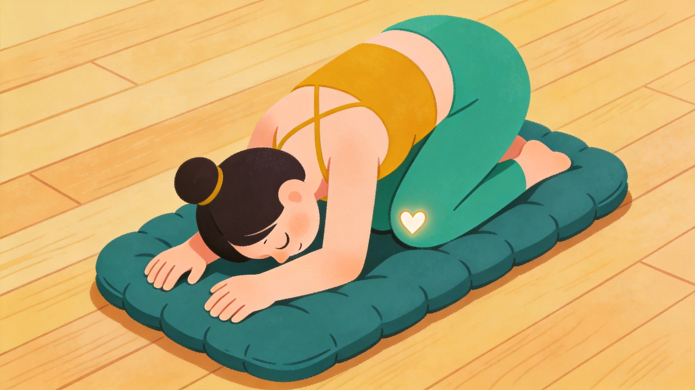 Une personne à genoux dans la posture de l'enfant sur un épais tapis de yoga moelleux