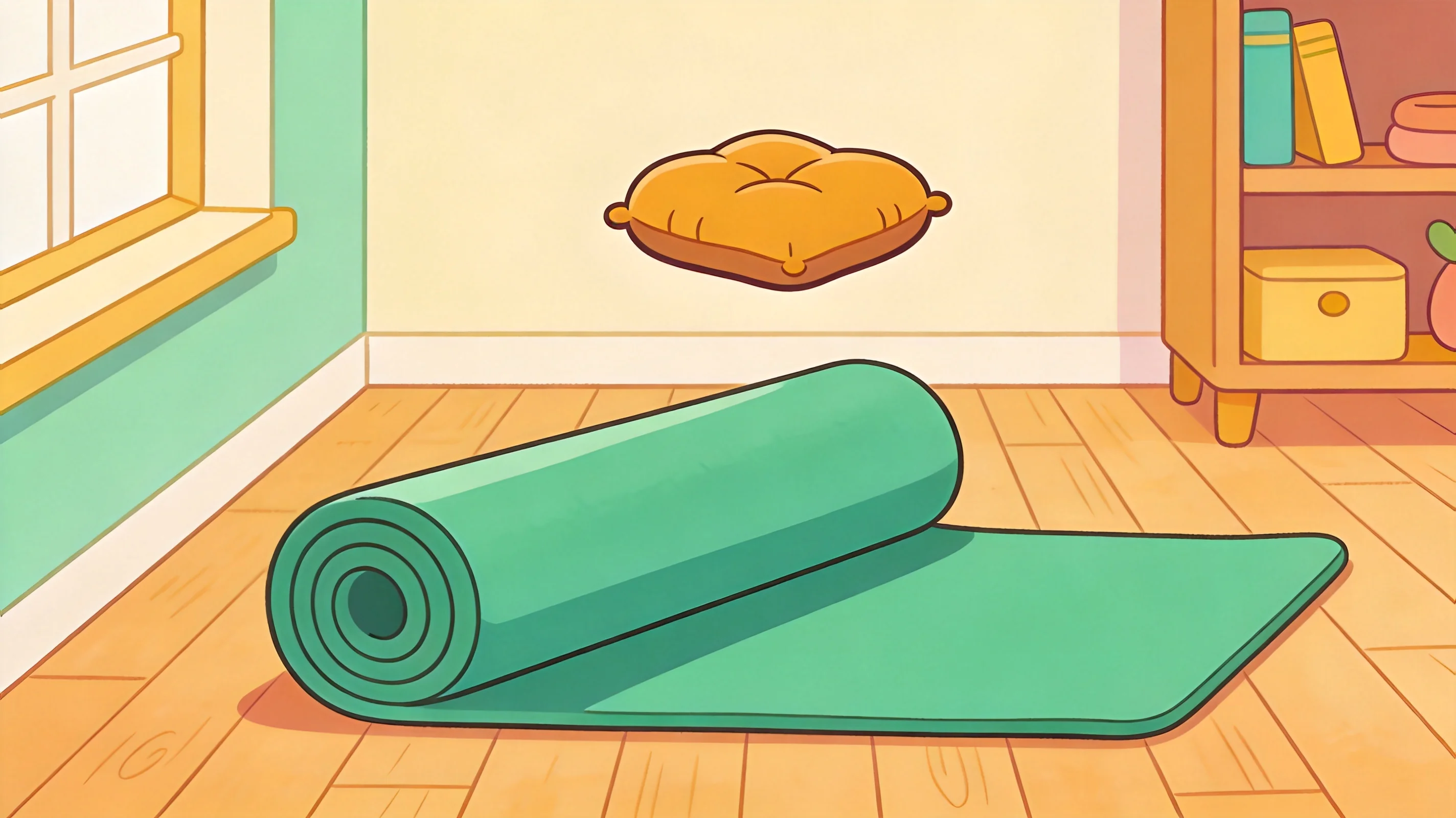 A rolled thick yoga mat with a cushion symbol resting on a floor