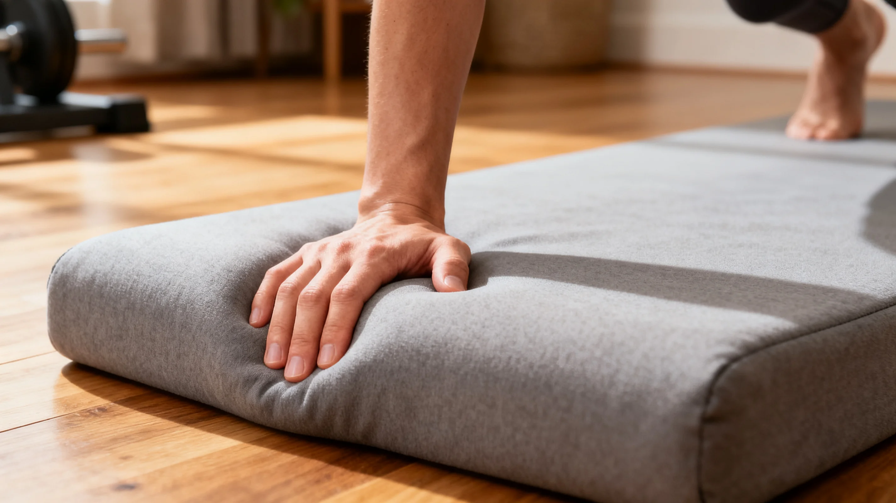 Hand pressing into a thick cushioned yoga mat