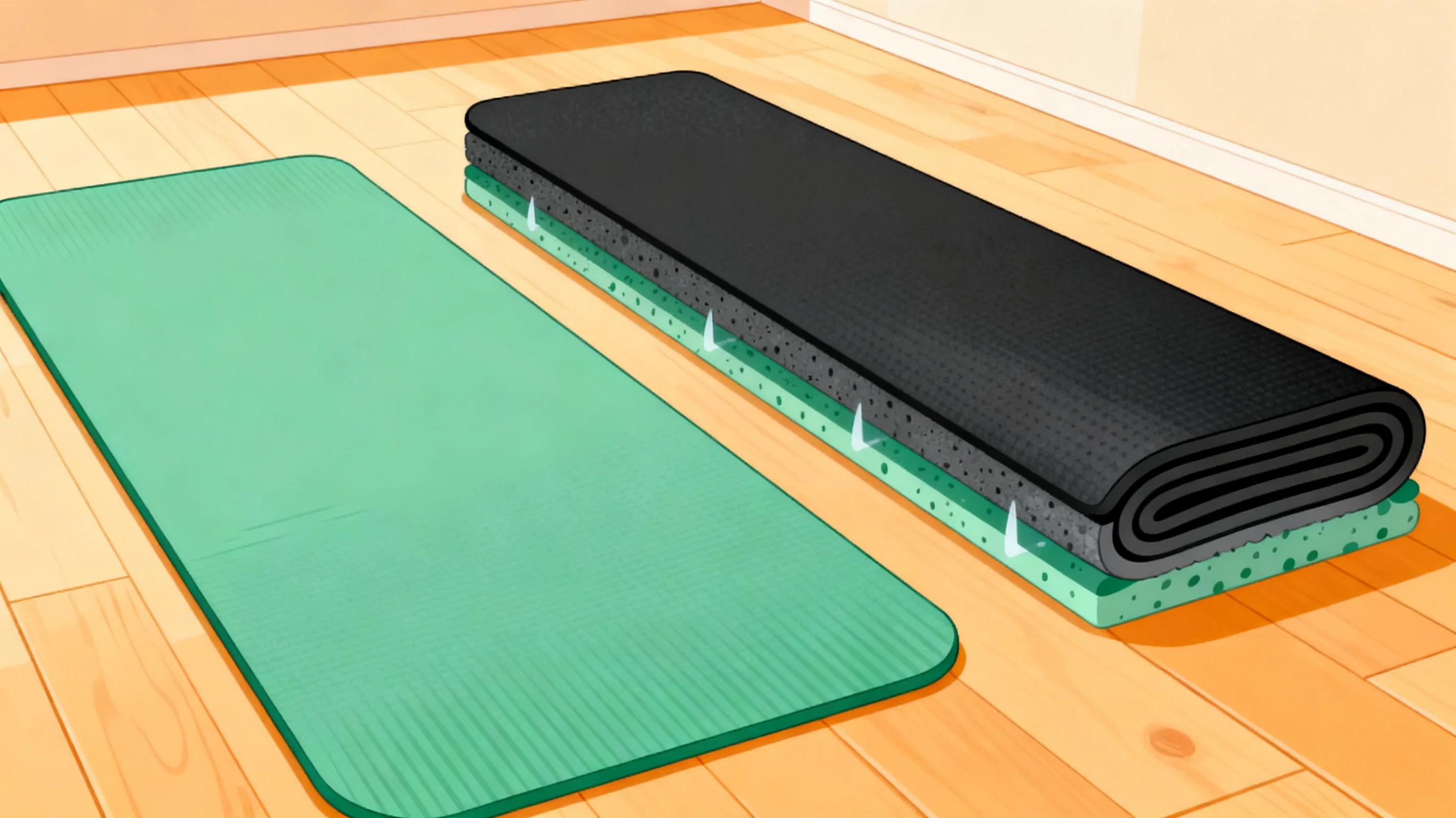 Un tapete de yoga fino y firme y un tapete de ejercicio grueso y acolchado lado a lado