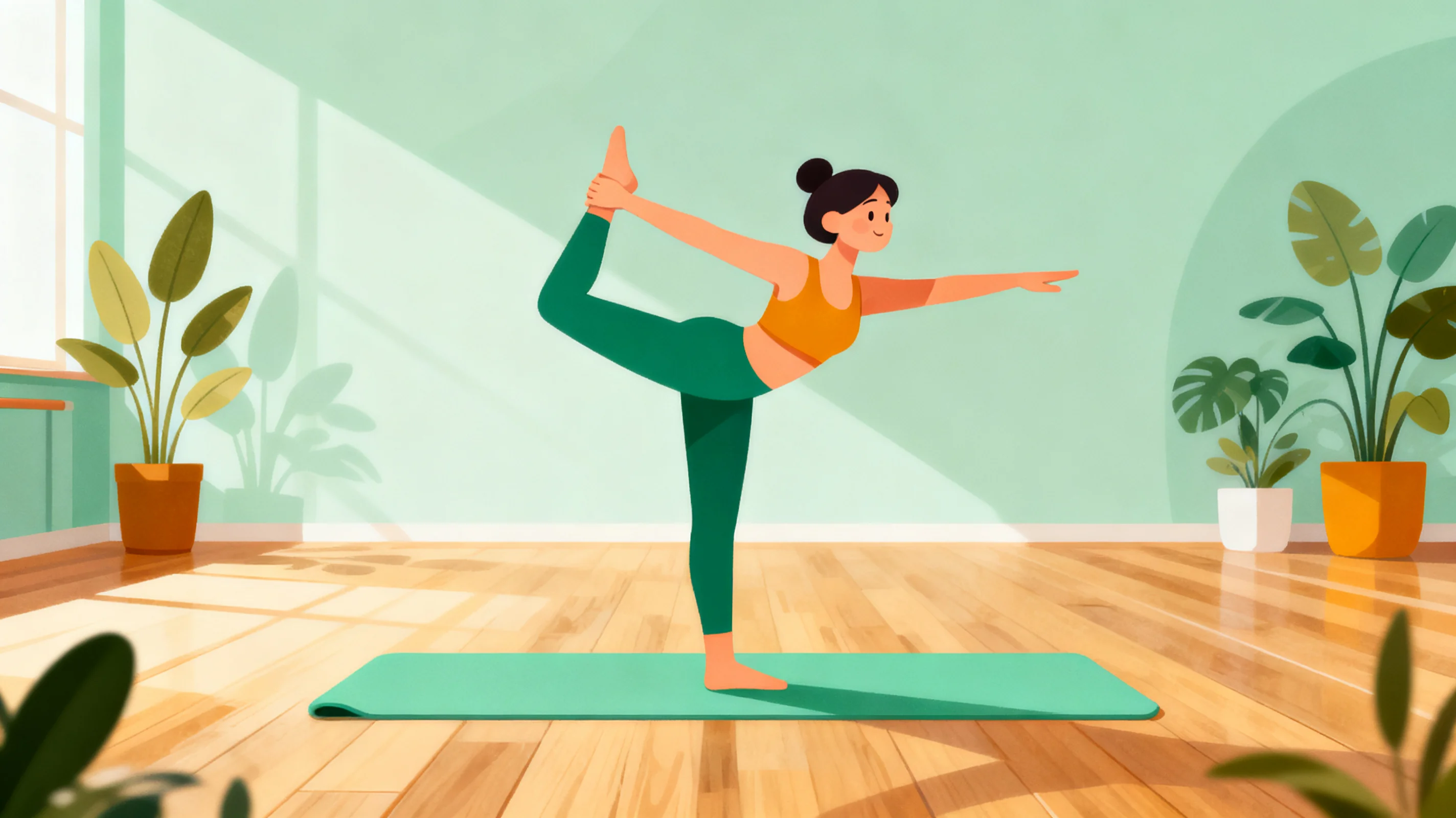 A person balanced in a yoga pose on a firm, thin mat