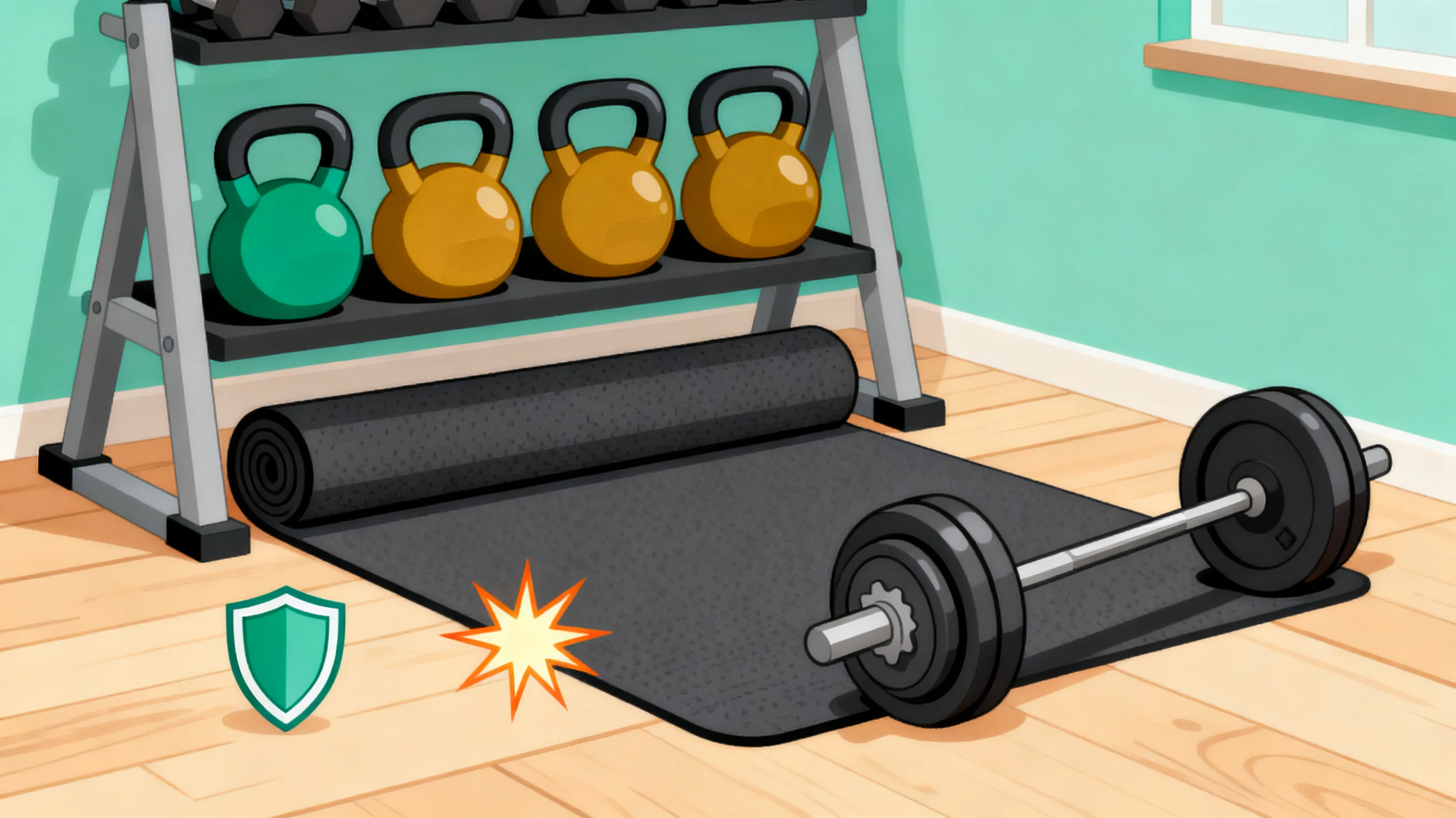 A thick exercise mat under a barbell with floor protection detail
