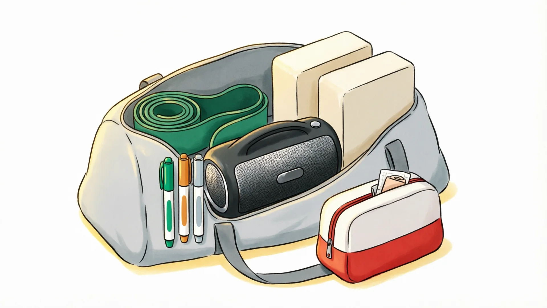 Three types of yoga mats laid out: a thin travel mat, a foldable mid-weight mat, and a full-size mat with a carry strap