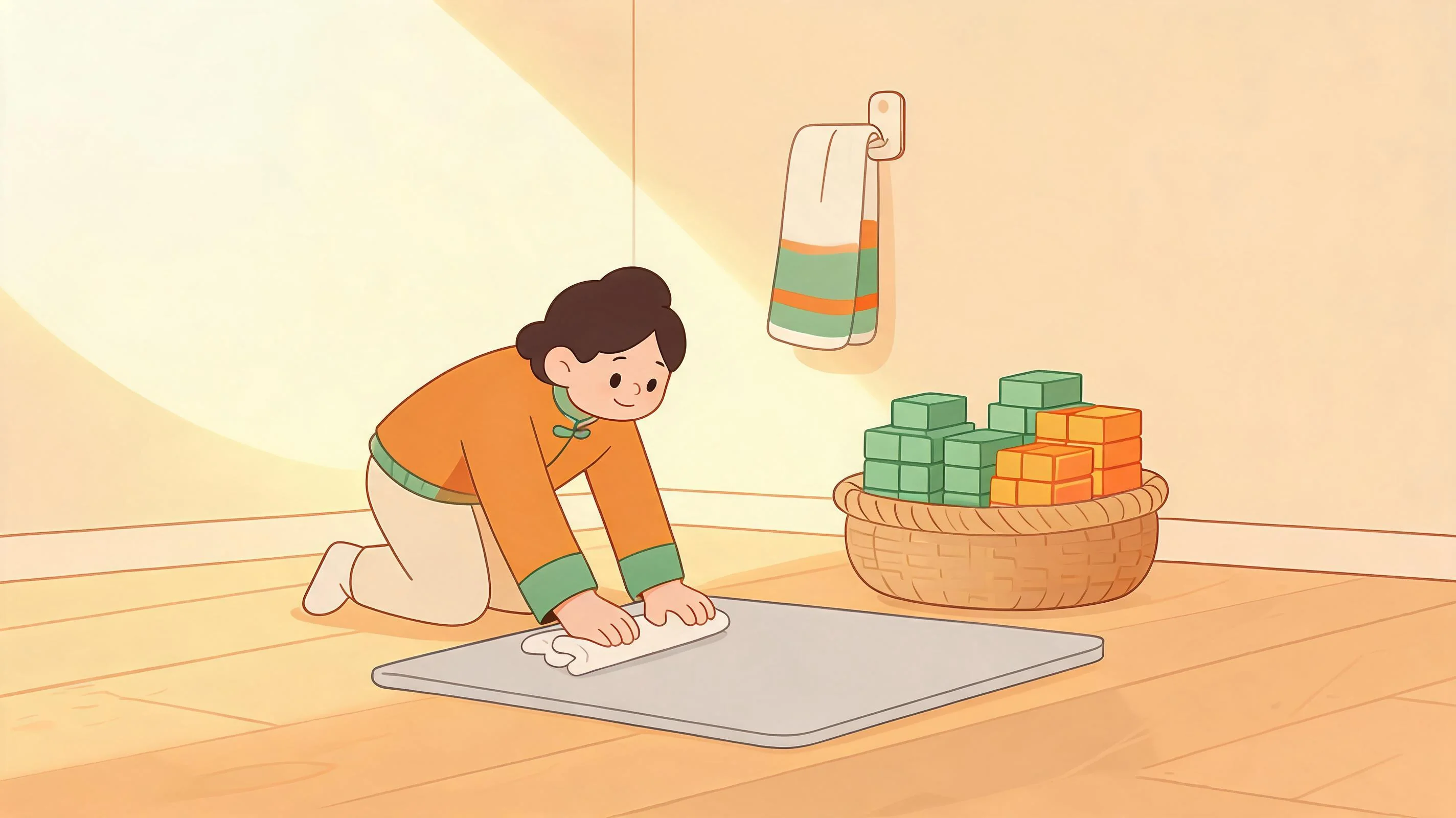 A monthly reset scene: person wiping the mat while blocks sit stacked in a basket