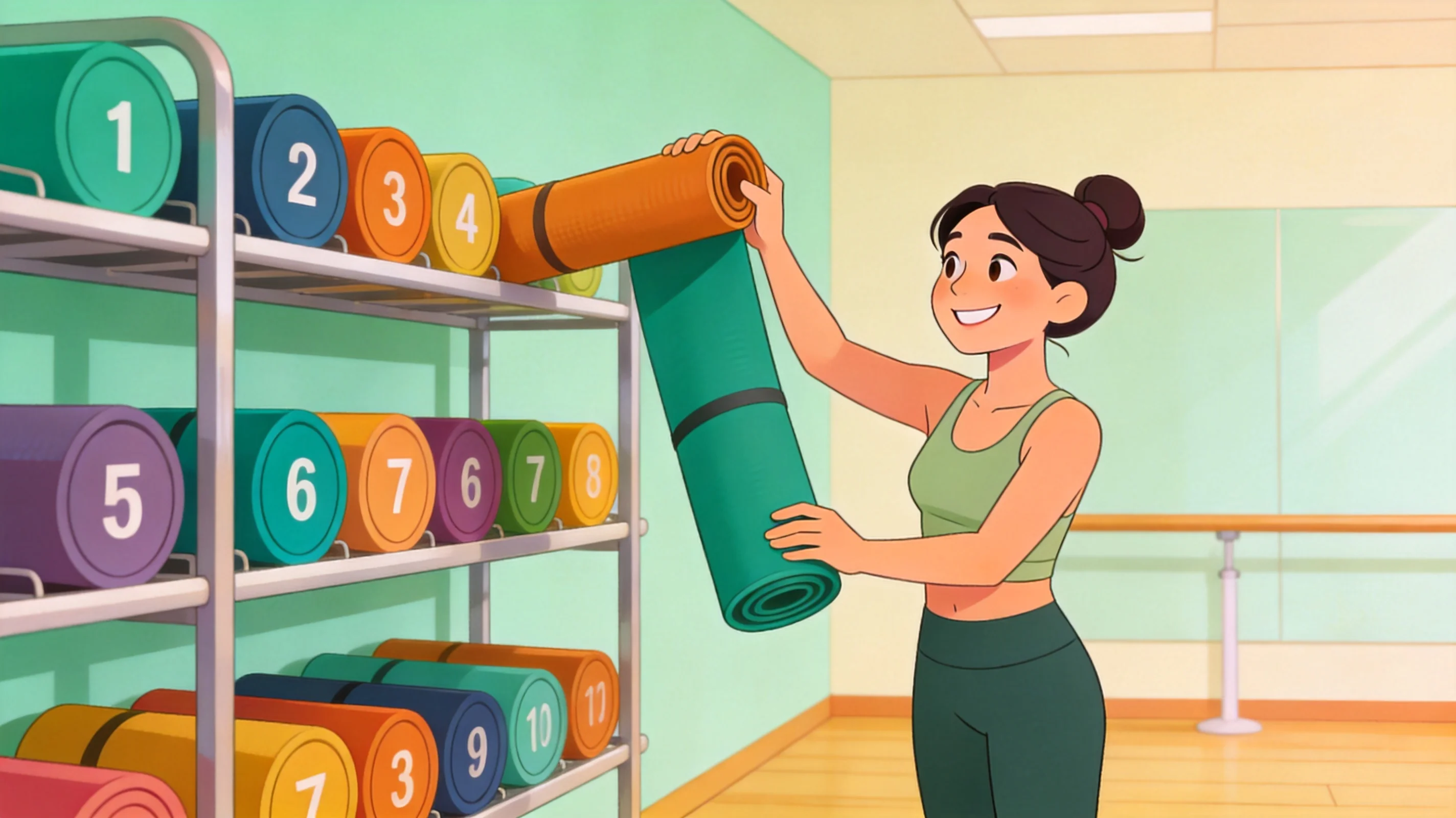 Cartoon illustration of a yoga teacher inspecting rows of colorful studio mats on storage racks
