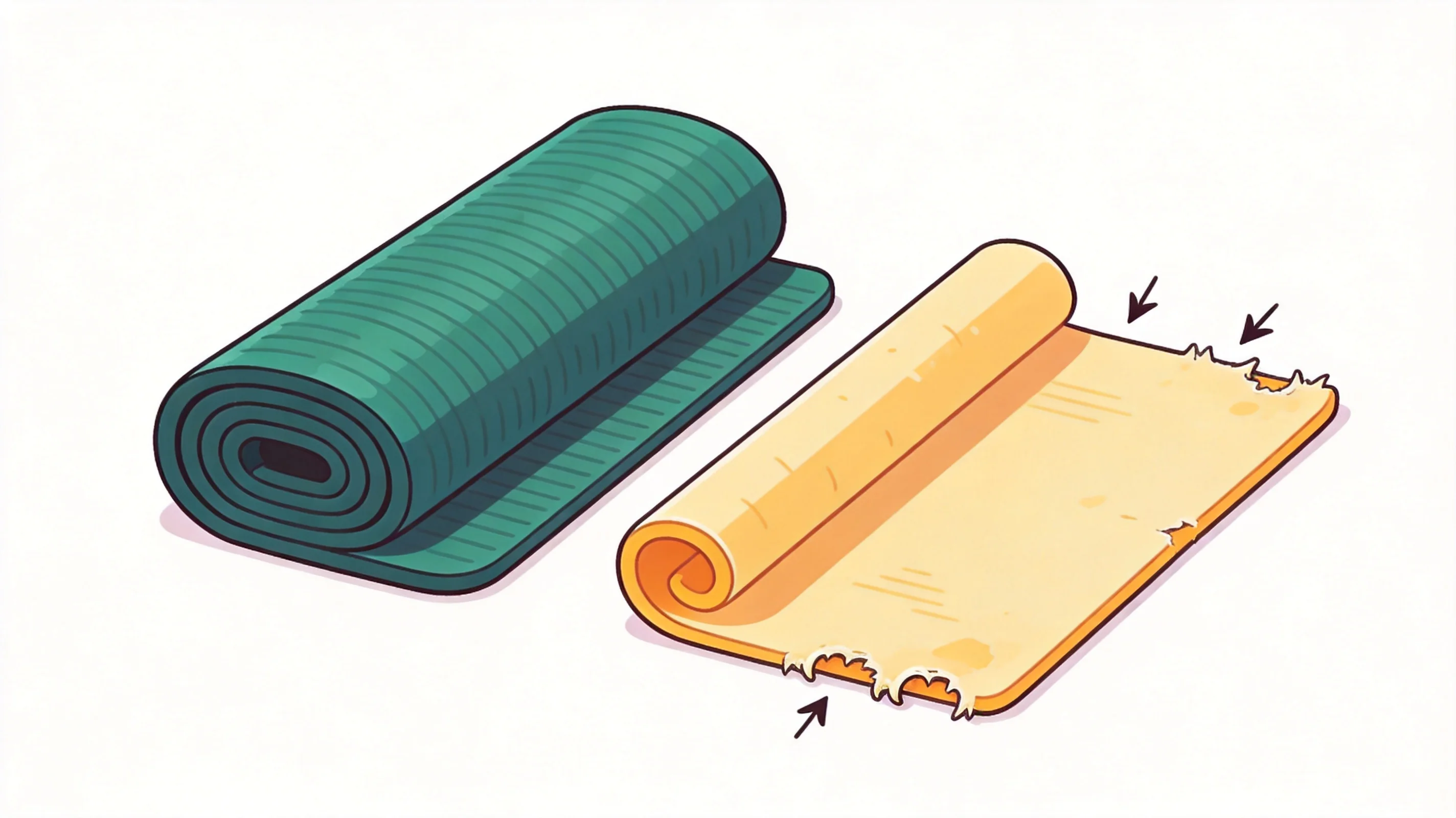 Cartoon illustration comparing a thick dense rubber mat and a thin worn foam mat side by side