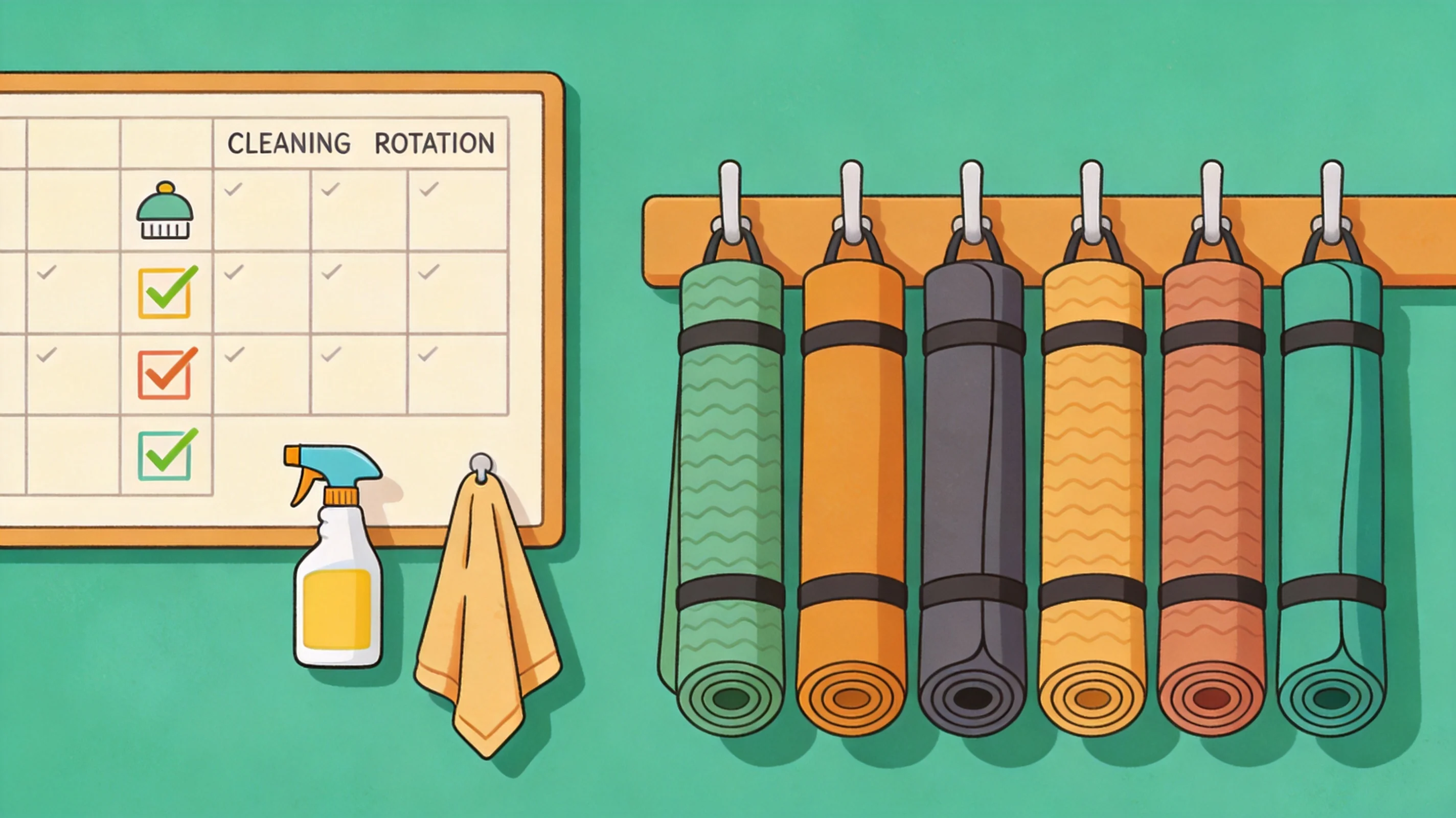 Cartoon illustration of a wall calendar checklist showing mat cleaning and rotation schedule in a studio