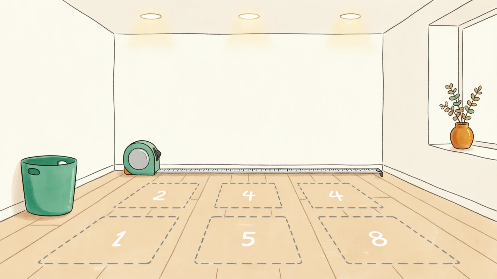 An empty yoga studio space being measured for workshop capacity