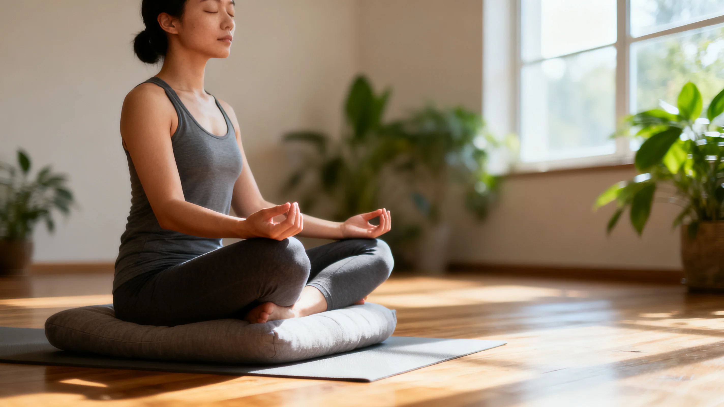 Person meditating in a calm, naturally lit room