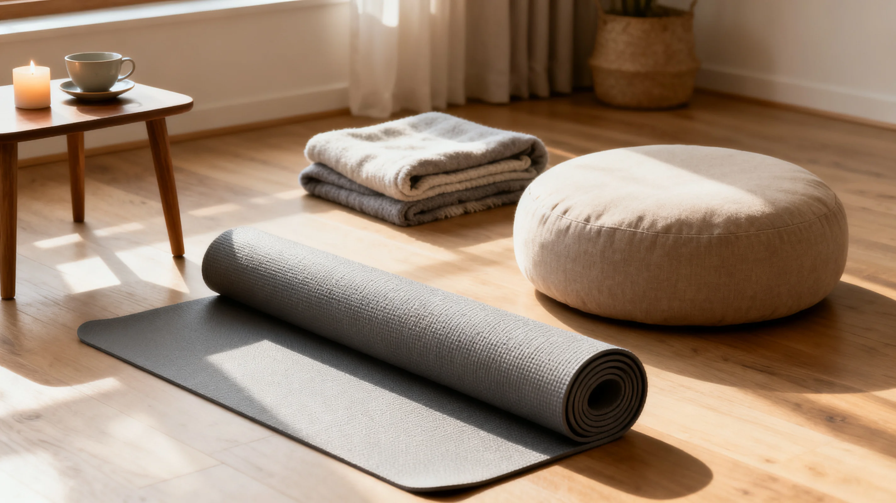 A calm home meditation corner with a folded yoga mat and cushion